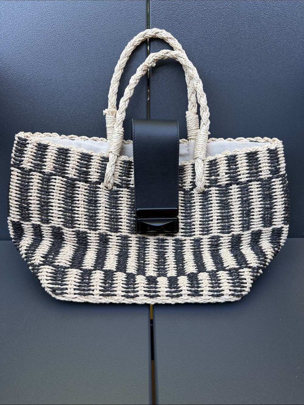 BTB Los Angeles Ryan Tote Raffia Woven Black & Natural Bag